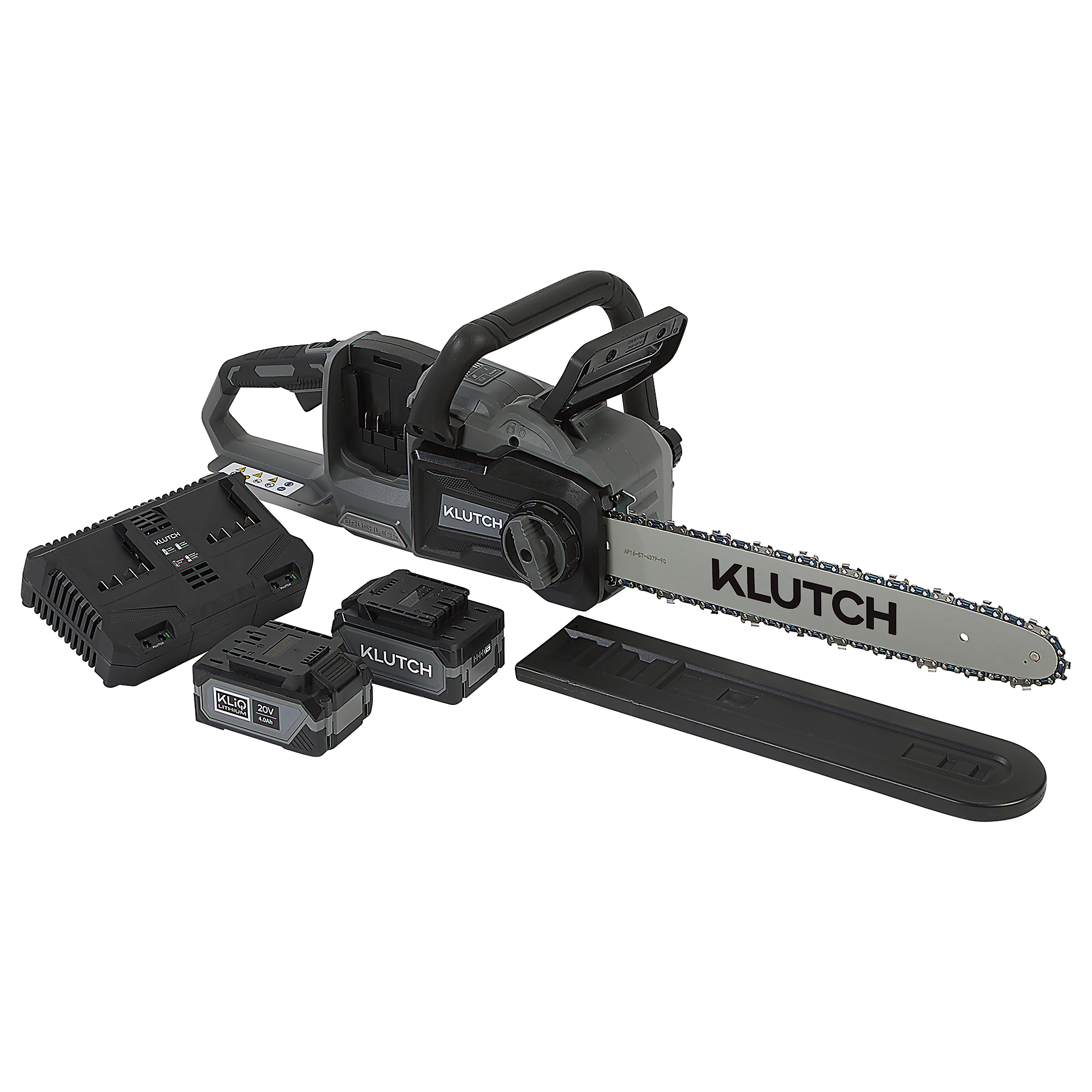 Klutch Dual-Battery Chainsaw Kit, KLiQ 20V, 16in. Bar and Chain, Brushless, Cordless, 4.0Ah